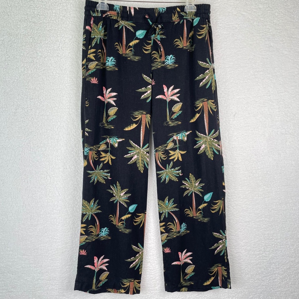 Old Navy‎ Womens Tropical Palm Tree Linen Blend Drawstring Pants Black Medium